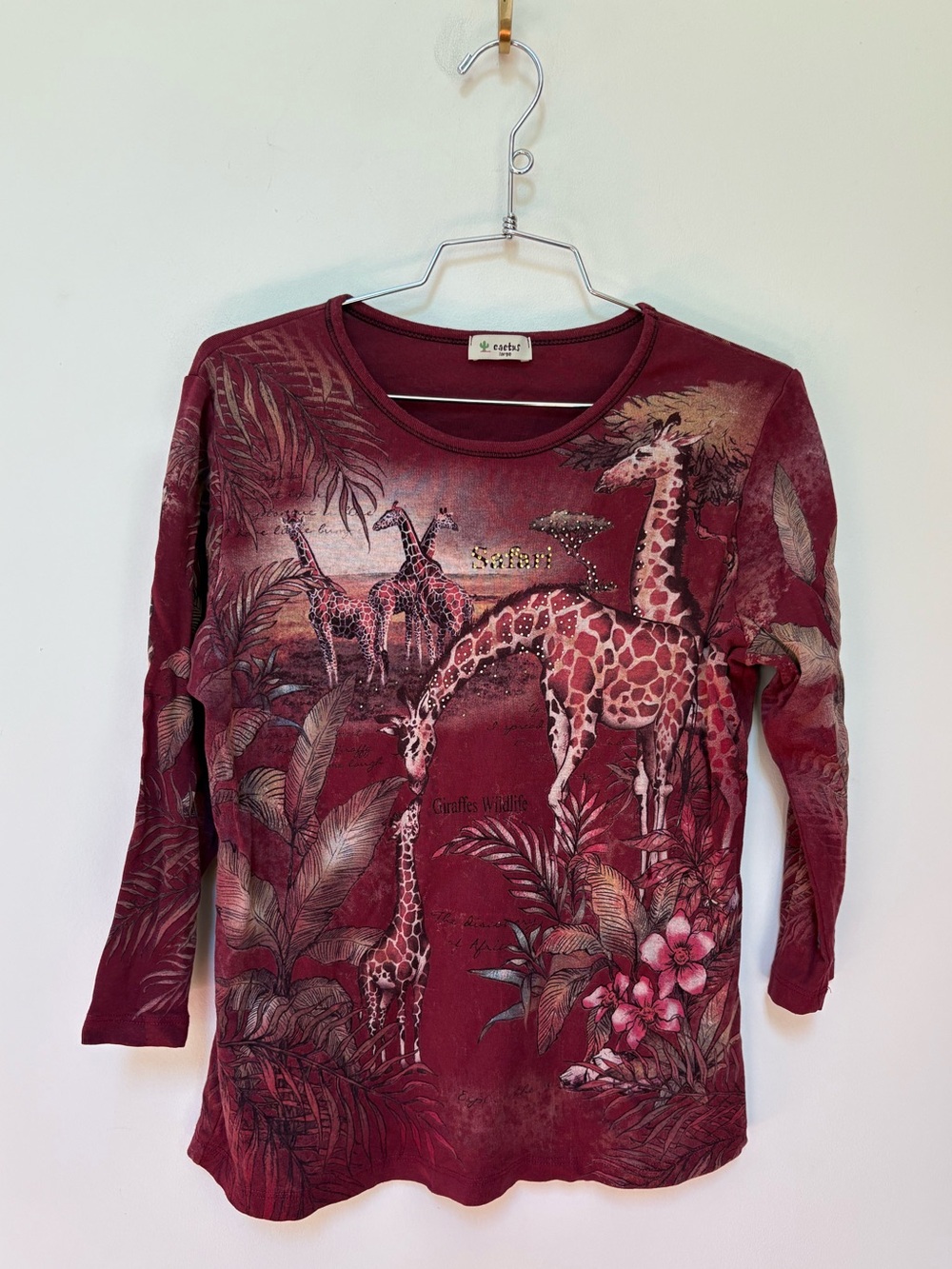 Vintage Y2K Bedazzled Cactus 3/4 Sleeve Giraffe Safari Top Size Large